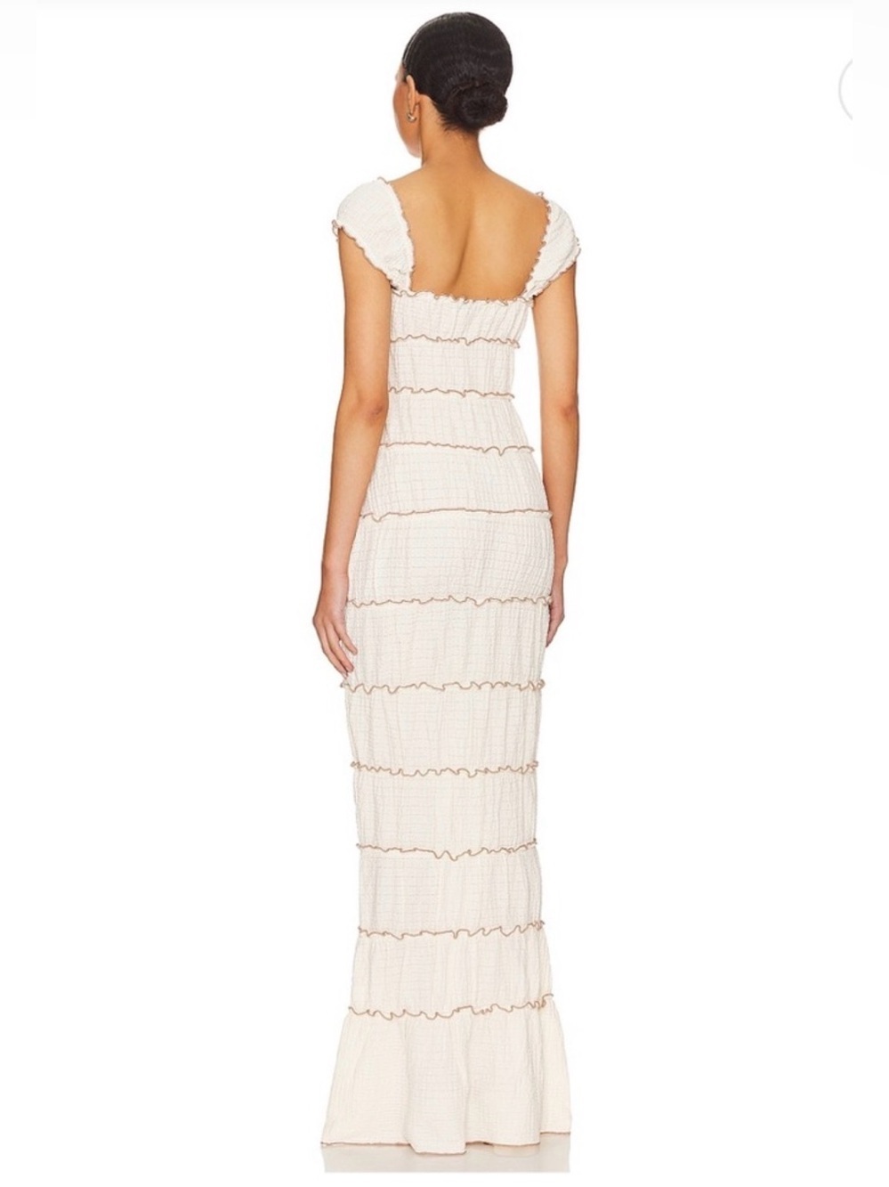 MAJORELLE Ivory Textured Brown Trim Tiered Ruffle Mermaid Maxi Dress XS - Picture 2 of 8